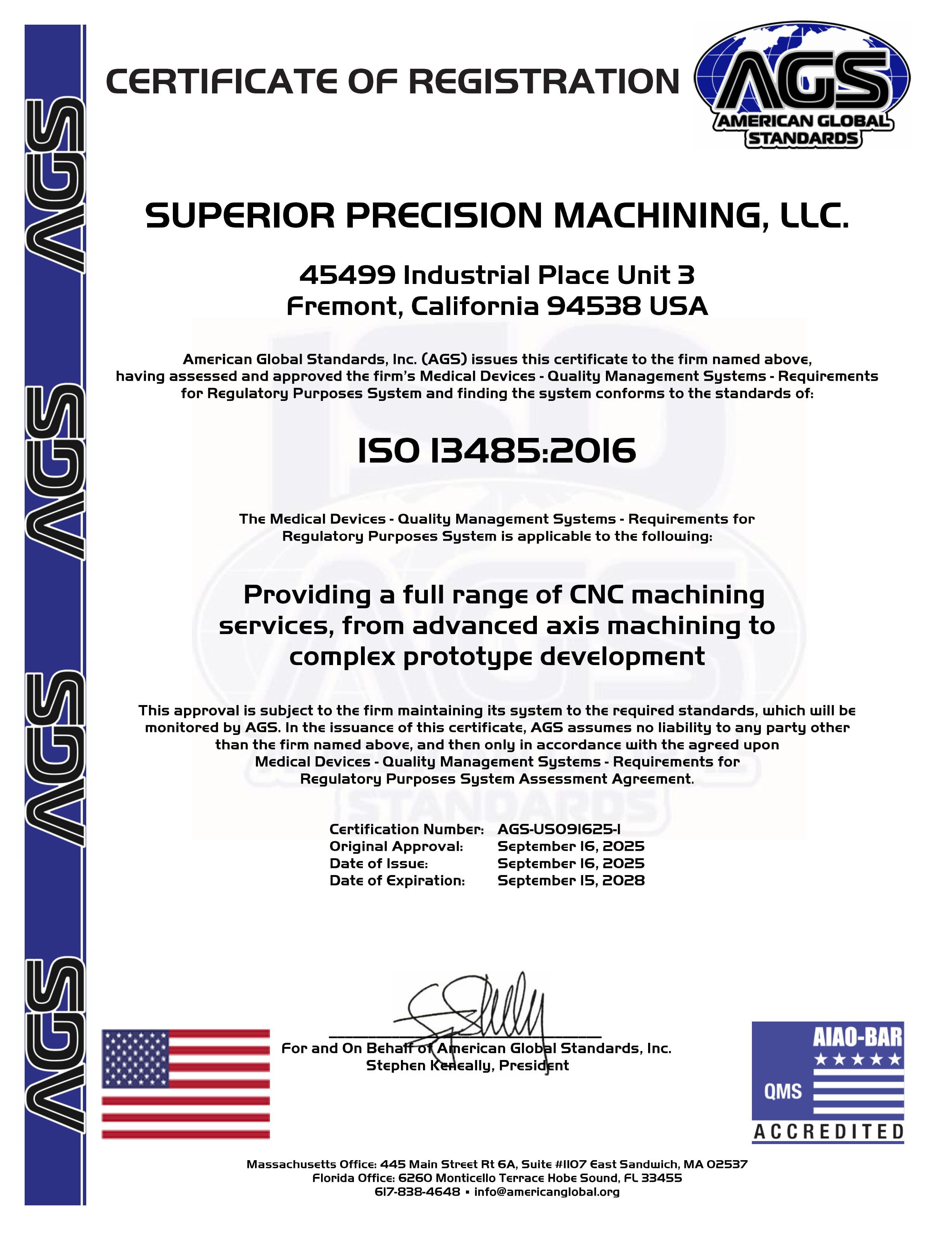 ISO 13485:2016 medical device quality management certification.